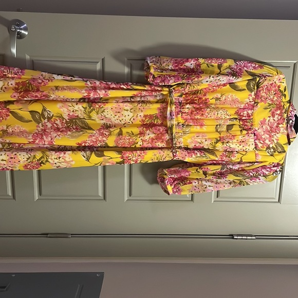 Harlow & Rose yellow and hot pink 3/4 sleeves flared midi dress with belt - Picture 8 of 8